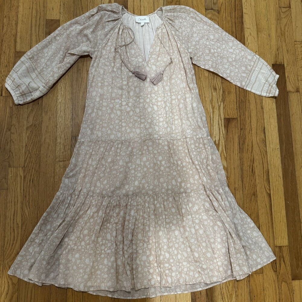 Cleobella Tan White Beige Floral Peasant Midi Dress Cotton Long Sleeve Small